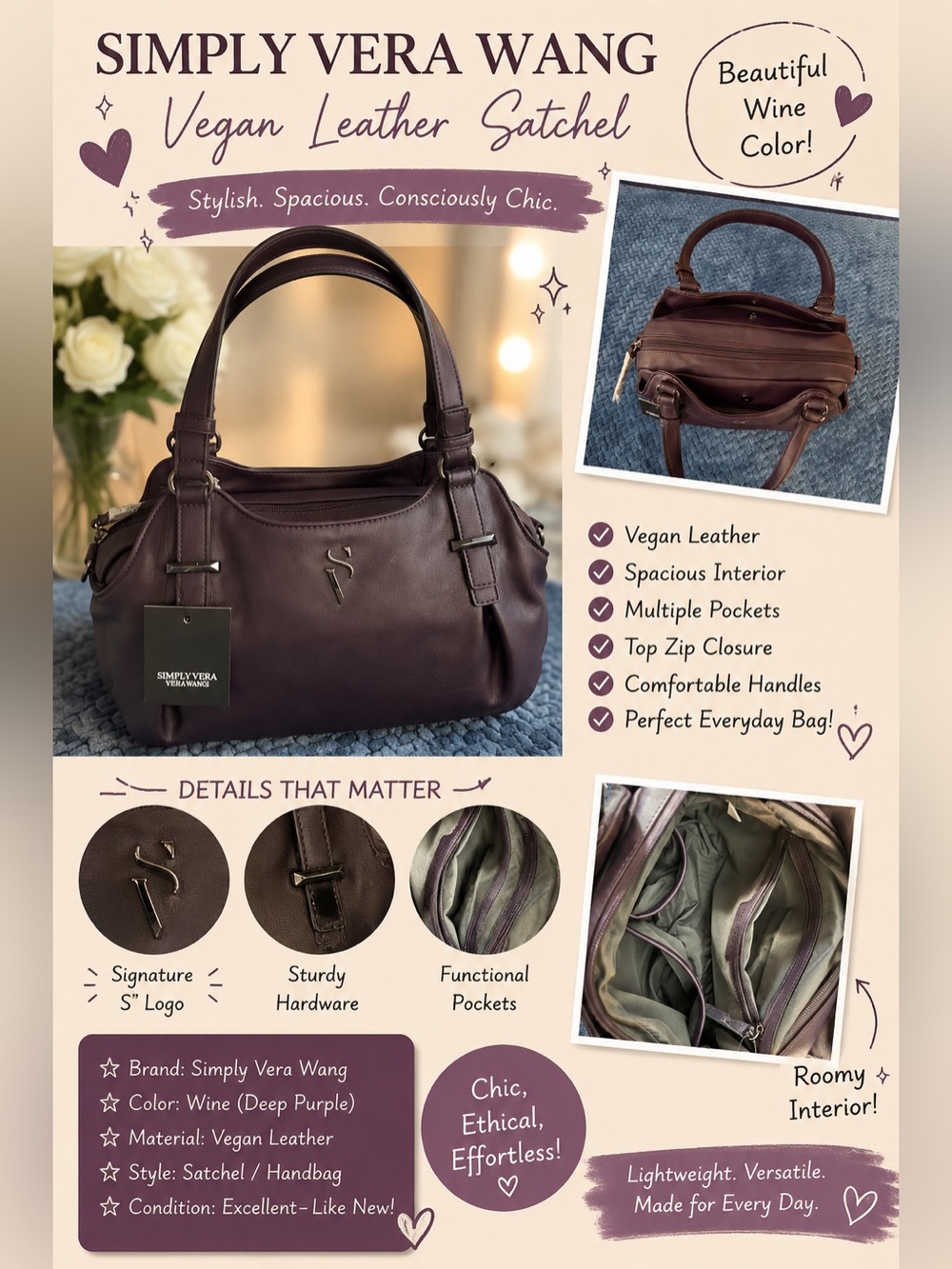 Simply Vera Vera Wang Buena Satchel Purse NWT Wine Purple Vegan Leather Handbag